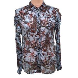 BERENICE PARIS Blouse Size 36 XS Ruffle Sleeve Blue Leopard Animal Print
